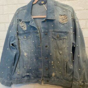 Free People Sunday Funday Trucker Denim Pearl Embellished Jean Jacket XSmall